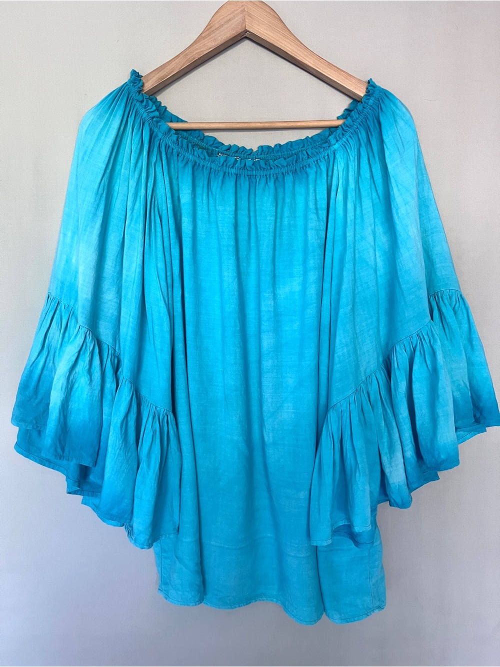 California Moonrise Ombre Aqua Peasant Tunic | Bell Sleeve Beach Cover Up XS